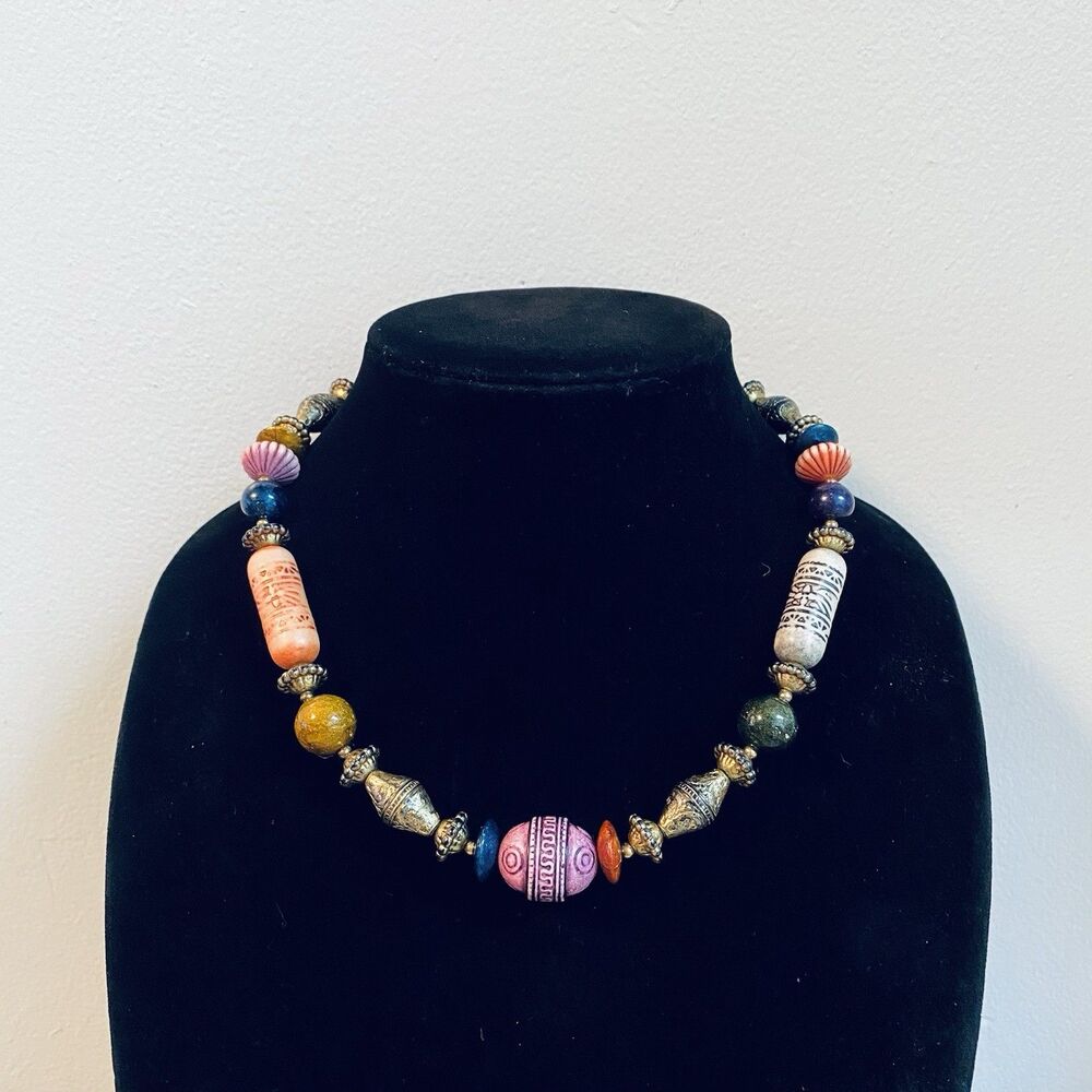 Vintage 18” Resin Beaded Statement Necklace W/ Bohemian And Tribal Elements